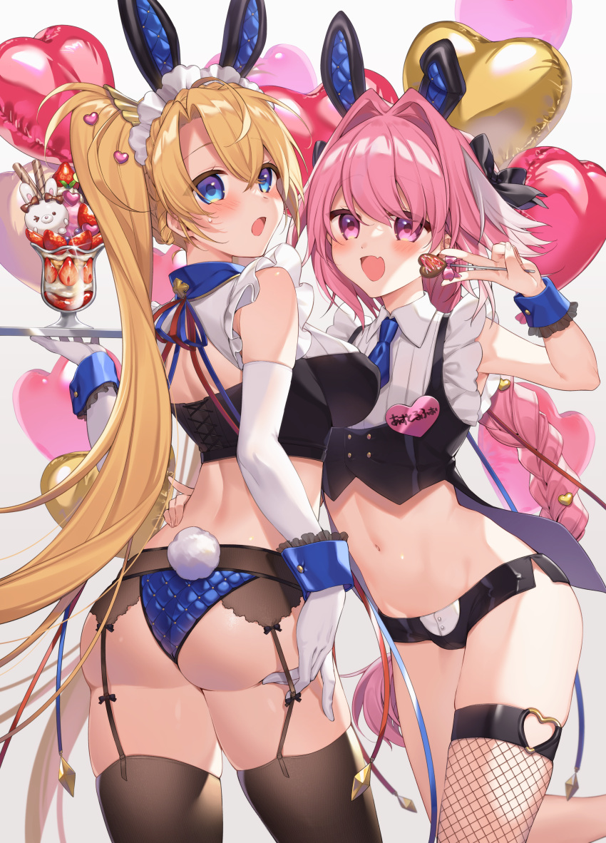 1boy 1girl absurdres ass astolfo_(fate) bangs bare_shoulders blonde_hair blue_eyes blush bow bradamante_(fate) braid braided_ponytail breasts citron_82 commentary_request crown_braid fate/apocrypha fate/grand_order fate_(series) hair_bow hair_intakes highres large_breasts long_hair looking_at_viewer multicolored_hair otoko_no_ko pink_hair purple_eyes streaked_hair thighs twintails very_long_hair white_hair