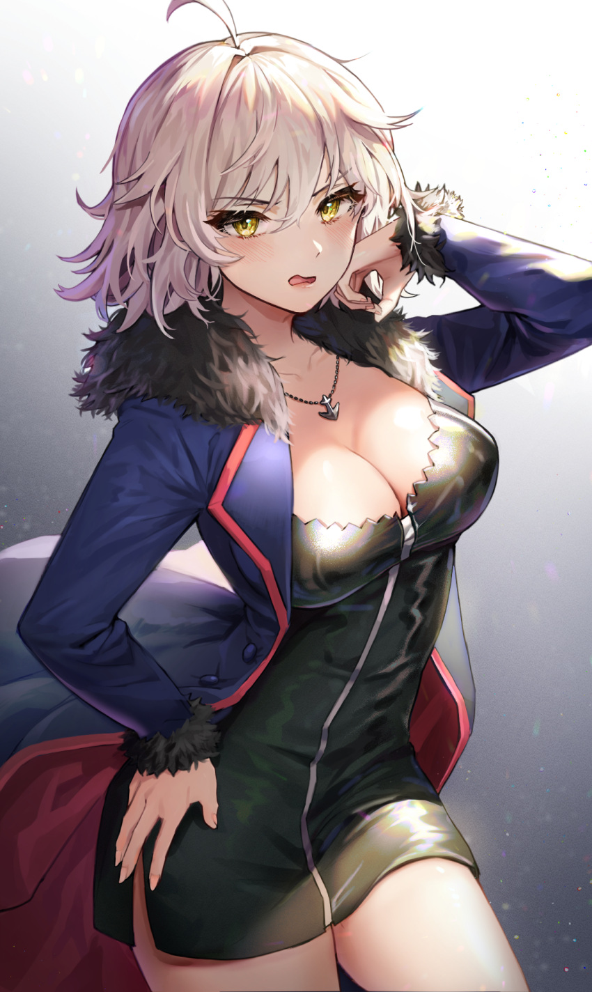 1girl bangs black_dress blue_coat blush breasts cleavage coat dress fate/grand_order fate_(series) fur-trimmed_coat fur_trim highres jeanne_d'arc_(alter)_(fate) jeanne_d'arc_(fate) large_breasts lerome long_sleeves looking_at_viewer open_mouth revision short_dress short_hair silver_hair solo wavy_mouth wicked_dragon_witch_ver._shinjuku_1999 yellow_eyes