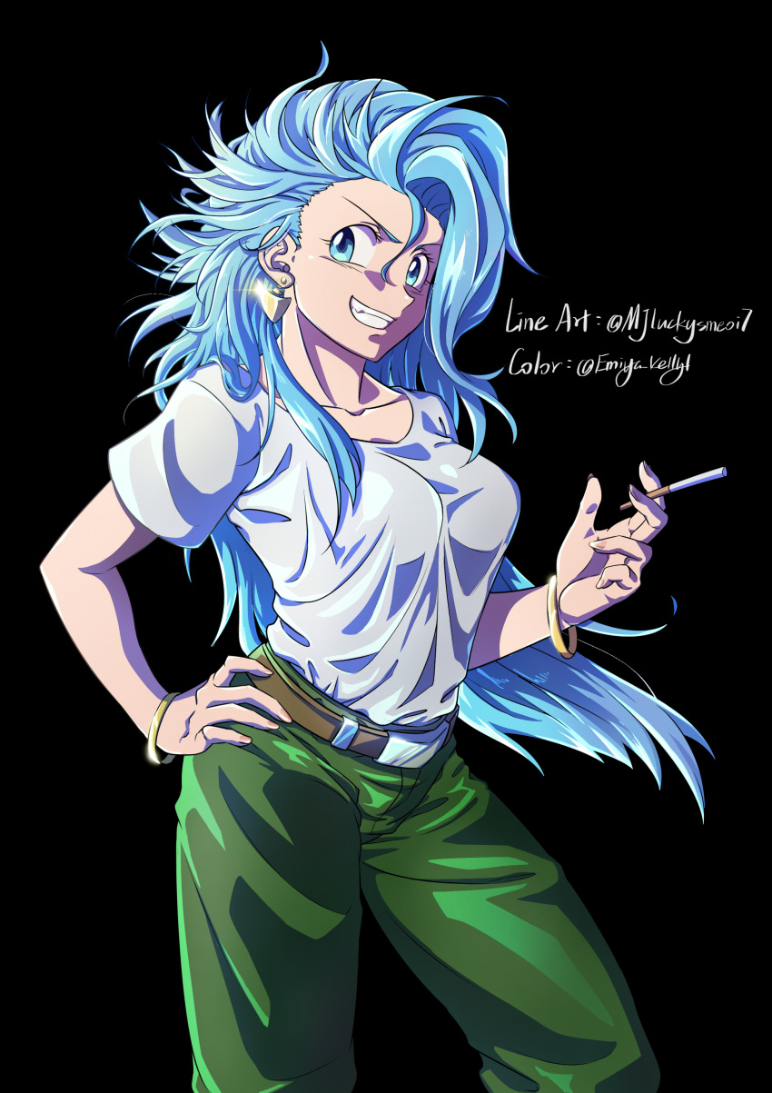 1girl absurdres belt black_background blue_eyes blue_hair bracelet breasts bulma cigarette collaboration dragon_ball dragon_ball_z earrings green_pants grin highres holding holding_cigarette jewelry large_breasts long_hair messy_hair pants shirt simple_background sm318 smile solo twitter_username very_long_hair white_shirt