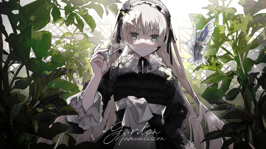 1girl bangs bird black_dress black_ribbon blonde_hair breasts collar dappled_sunlight dress eyebrows_visible_through_hair fence frilled_collar frilled_sleeves frills gosick green_eyes hair_ornament hand_up headdress holding holding_pipe leaf long_hair looking_at_viewer neck_ribbon nmu_(namu) parted_lips pipe plant puffy_sleeves ribbon small_breasts smoke solo sunlight upper_body victorica_de_blois