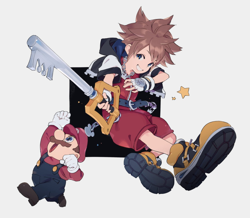 2boys blue_eyes brown_hair facial_hair fingerless_gloves gloves hat highres hood jewelry keyblade kingdom_hearts kingdom_hearts_i kingdom_key mario mario_(series) multiple_boys mustache necklace open_mouth overalls shoes short_hair smile sora_(kingdom_hearts) spiked_hair super_smash_bros. urayamashiro_(artist)