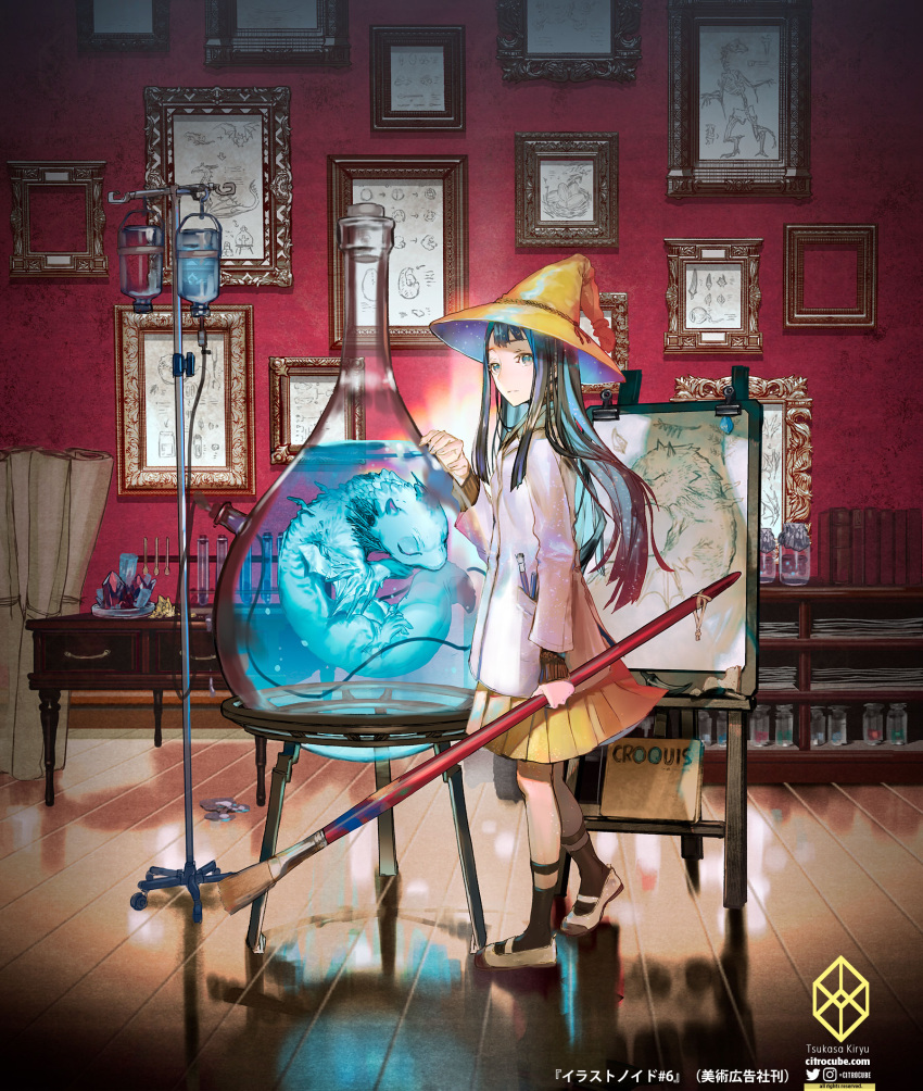 1girl black_hair closed_mouth commentary_request crystal dragon fantasy flask green_eyes hat highres indoors intravenous_drip jar kiryuu_tsukasa_(citrocube) labcoat long_hair long_sleeves looking_at_viewer multicolored_hair original paintbrush painting_(object) pleated_skirt red_hair scroll shoes skirt socks solo standing submerged test_tube water witch witch_hat wooden_floor