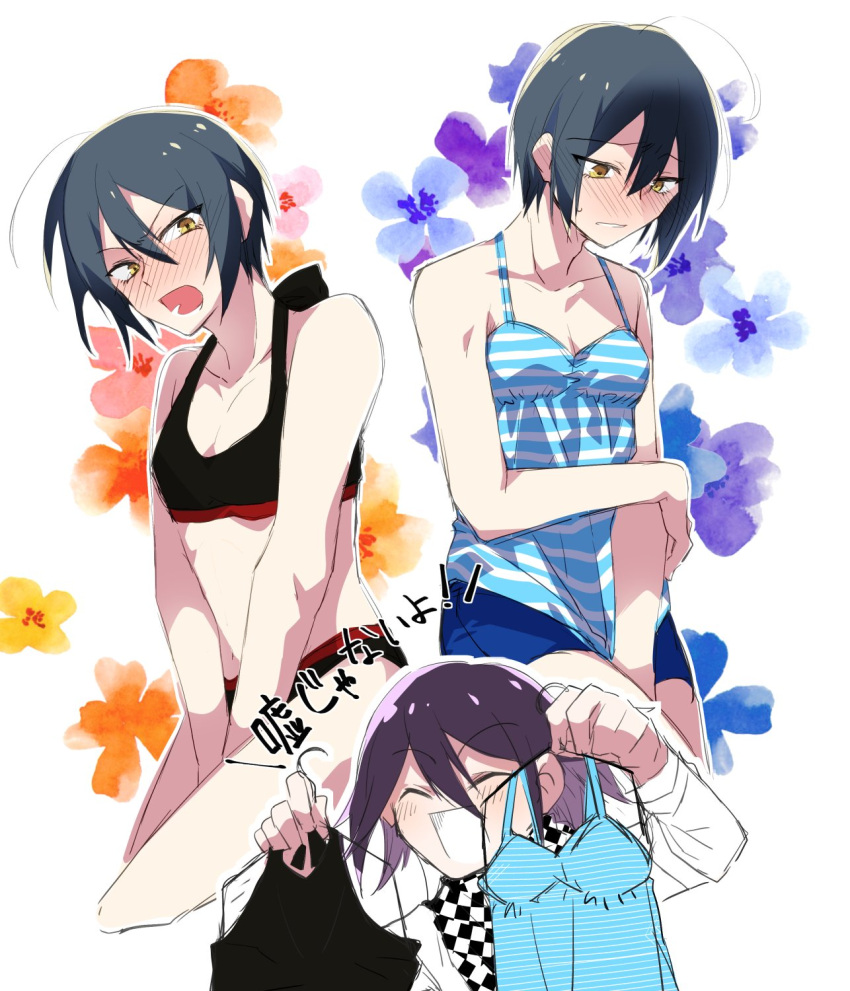 2boys :d bangs bare_arms bare_shoulders bikini black_bikini blue_flower blue_swim_trunks blush breasts checkered checkered_neckwear checkered_scarf cleavage collarbone commentary_request crossdressing danganronpa_(series) danganronpa_v3:_killing_harmony embarrassed eyebrows_visible_through_hair flower hair_between_eyes highres holding holding_clothes holding_swimsuit long_sleeves male_focus multiple_boys multiple_views open_mouth orange_flower ouma_kokichi pectoral_cleavage pectorals red_bikini saihara_shuuichi scarf short_hair smile striped striped_bikini sumika_(rrz03) swimsuit translation_request yellow_eyes