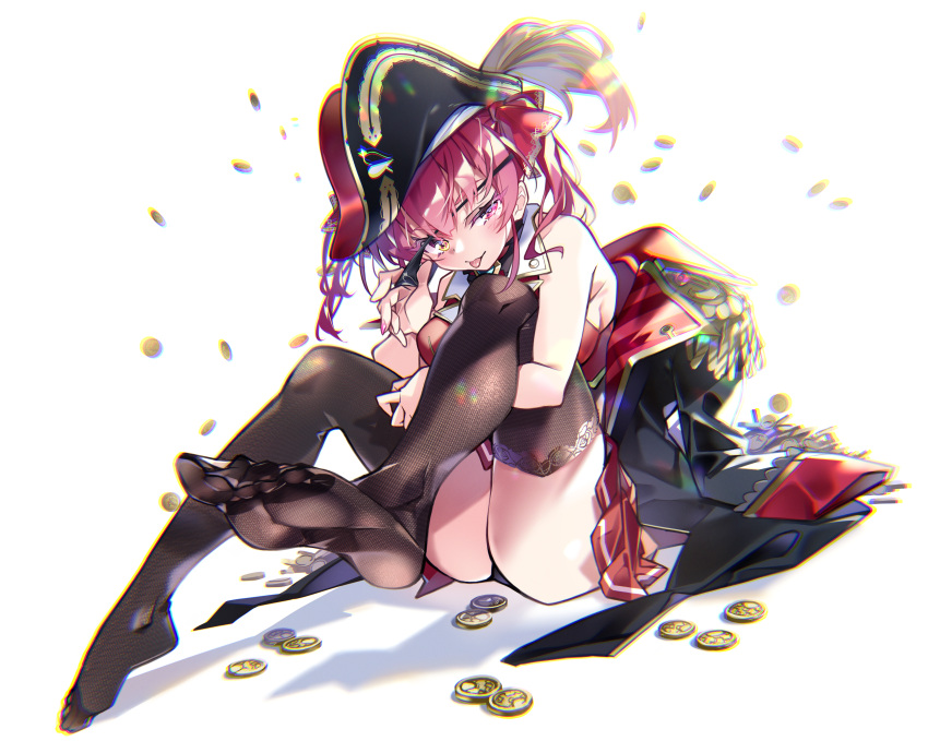 1girl absurdres armpits bangs bare_shoulders black_coat black_headwear black_legwear black_panties bow breasts buttons chromatic_aberration coat coat_removed coin double-breasted epaulettes eyepatch eyepatch_pull feet full_body hair_bow hat hayakawa_harui heterochromia highres hololive houshou_marine large_breasts looking_at_viewer panties pirate_hat pleated_skirt red_bow red_eyes red_hair red_skirt red_vest sitting skirt solo thighhighs twintails underwear vest virtual_youtuber yellow_eyes