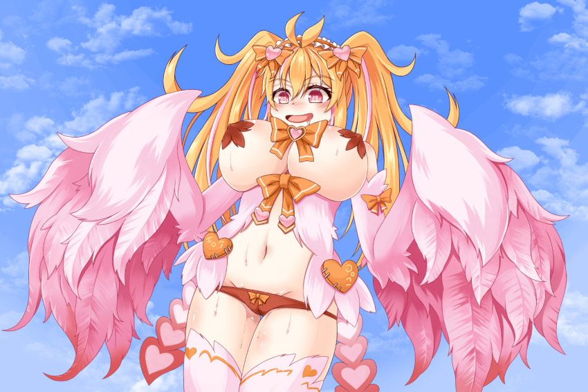 1girl alternate_hair_color alternate_hairstyle blonde_hair blush breasts cameltoe cloud commentary_request drooling eyebrows_visible_through_hair feathered_wings feathers heart highres jubjub_(monster_girl_encyclopedia) large_breasts midriff monster_girl_encyclopedia multicolored_hair navel open_mouth panties pasties pink_feathers pink_legwear pink_wings red_eyes red_panties sky solo sora_(sunday_sky) streaked_hair sweat thighhighs twintails underwear winged_arms wings