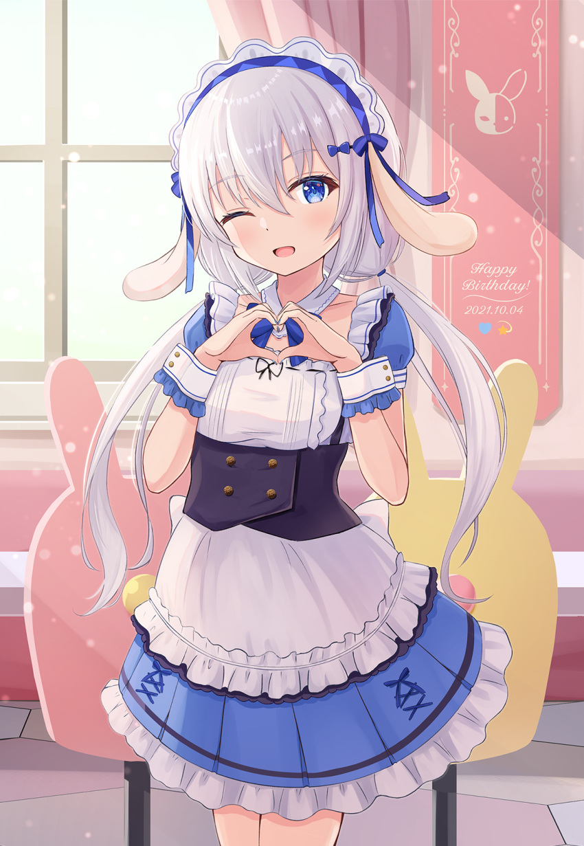 1girl 2021 ;d animal_ears bangs birthday eyebrows_visible_through_hair hair_between_eyes hair_ornament happy_birthday heart heart_hands highres hikkyou looking_at_viewer maid masquerade_channel md5_mismatch one_eye_closed open_mouth rabbit_ears smile solo tenshi_nano virtual_youtuber white_hair
