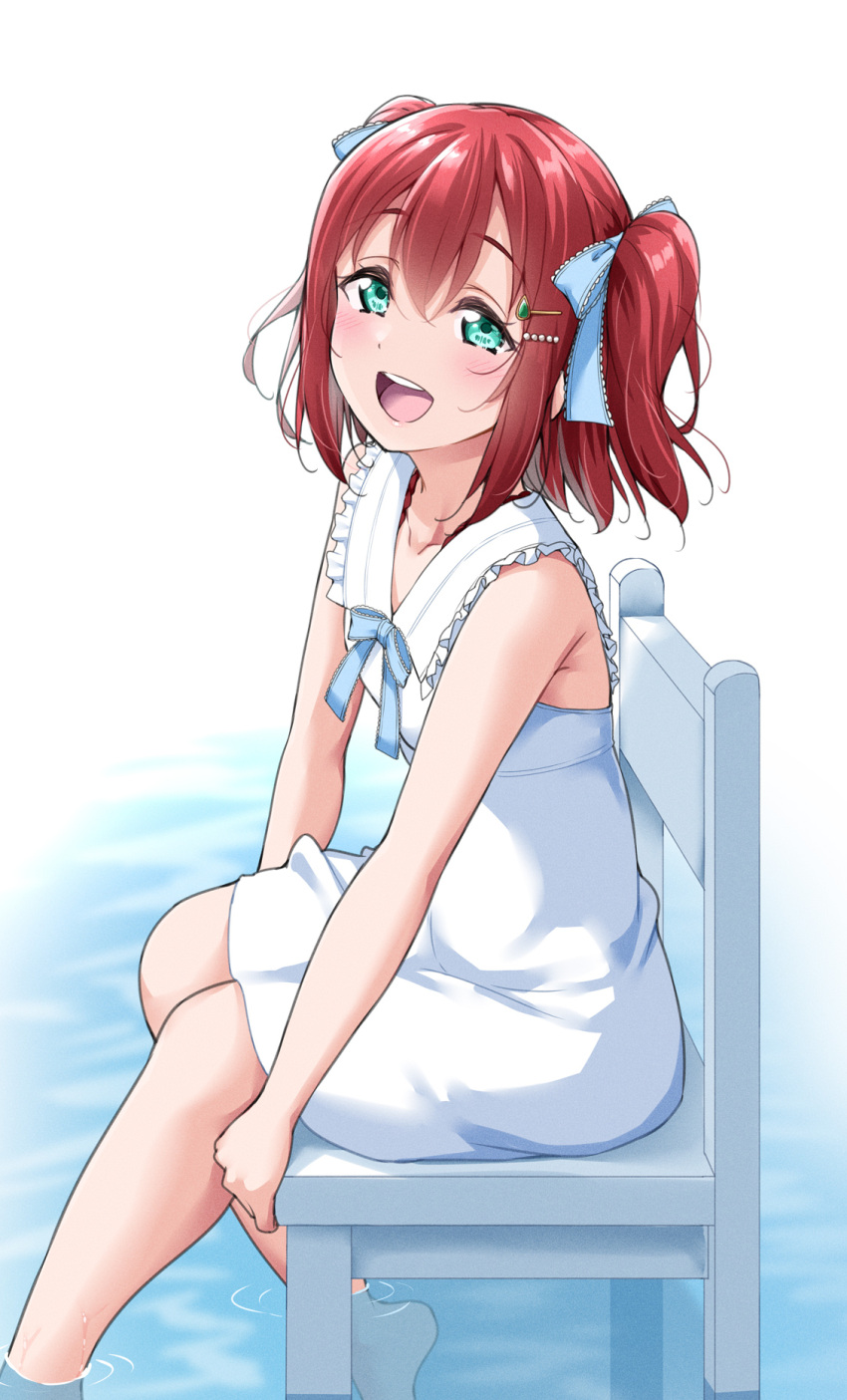 1girl bangs blue_ribbon blush breasts chair collarbone commentary_request dress eyebrows_visible_through_hair foot_out_of_frame gradient gradient_background green_eyes hair_between_eyes hair_ornament hair_ribbon happy highres knees_together_feet_apart kurosawa_ruby looking_at_viewer love_live! love_live!_sunshine!! open_mouth red_hair ribbon shadow short_dress short_twintails sidelocks sitting sleeveless small_breasts smile solo tareme twintails water white_dress yopparai_oni