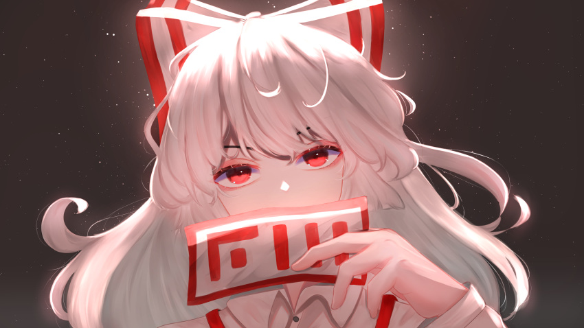 1girl absurdres bangs bow covering_mouth eyebrows_visible_through_hair fujiwara_no_mokou hair_bow hand_up highres light light_particles long_hair long_sleeves looking_at_viewer md5_mismatch ofuda red_eyes resolution_mismatch self_upload shirt silver_hair solo source_smaller touhou white_shirt yuhel