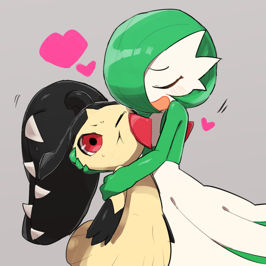 2girls arms_at_sides bangs black_hair black_skin blunt_bangs blush carrying cheek_squash closed_eyes closed_mouth colored_skin commentary enden_(pixiv_57969220) flat_chest gardevoir green_hair green_skin grey_background hair_over_one_eye hand_on_another's_cheek hand_on_another's_face happy heart highres hug long_hair mawile motion_lines multicolored_skin multiple_girls one_eye_closed open_mouth pokemon pokemon_(creature) red_eyes sharp_teeth shiny shiny_hair shiny_skin short_hair smile standing sweat teeth two-tone_skin very_long_hair white_skin yellow_skin yuri