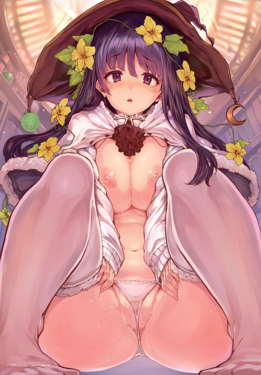 1girl :&lt; :o bangs black_hair blush book bookshelf breasts capelet cleavage commentary_request crescent crescent_moon eyebrows_visible_through_hair flower flower_wreath fur_trim hair_between_eyes hair_flower hair_ornament hat highres large_breasts long_hair long_sleeves looking_at_viewer melonbooks moon navel nipples no_pants no_shoes non-web_source open_mouth original panties partially_visible_vulva potion purple_eyes purple_hair pussy_juice shiokonbu sitting solo spread_legs underwear vial white_legwear white_panties witch_hat