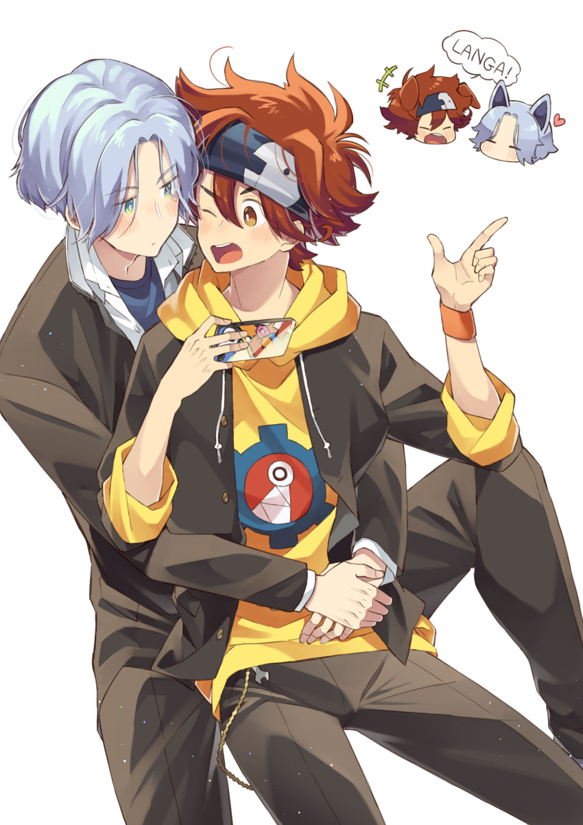 2boys blue_eyes blue_hair brown_eyes cellphone closed_eyes hair_between_eyes hasegawa_langa headband highres hood hoodie jacket kyan_reki looking_at_viewer male_focus messy_hair multiple_boys open_mouth orange_eyes pants phone red_hair shirt short_hair sk8_the_infinity smartphone smile upper_body uppi white_background yellow_hoodie