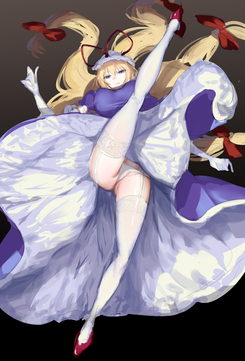 1girl absurdres bad_anatomy bangs black_background blonde_hair breasts commentary elbow_gloves full_moon garter_straps gloves gradient gradient_background gunnjou_yosio hair_ribbon hair_spread_out hat highres kicking large_breasts leg_up long_hair looking_at_viewer mob_cap moon panties puffy_short_sleeves puffy_sleeves purple_eyes red_footwear red_ribbon ribbon shoes short_sleeves simple_background sketch solo thighhighs touhou underwear upskirt white_garter_straps white_gloves white_headwear white_legwear white_panties yakumo_yukari