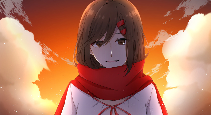 1girl brown_eyes brown_hair cloud cropped_torso dress enpera hair_ornament hairclip harunai highres kagerou_days_(vocaloid) kagerou_project looking_at_viewer open_mouth red_ribbon red_scarf ribbon scarf smile solo sunset tateyama_ayano upper_body white_dress