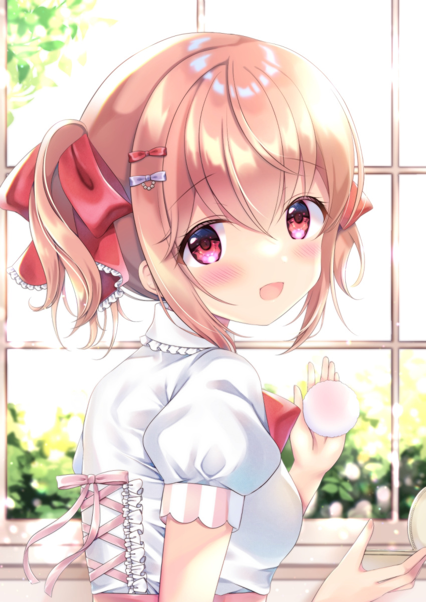 1girl bangs blush bow bowtie breasts collar compact_(cosmetics) criss-cross_back-straps frilled_collar frills hair_bow hair_ornament hair_ribbon hairclip high-waist_skirt highres holding_compact indoors light_brown_hair looking_at_viewer looking_to_the_side miwa_uni open_mouth original ponytail powder_puff puffy_short_sleeves puffy_sleeves red_bow red_bowtie red_eyes ribbon shirt short_sleeves sidelocks skirt small_breasts solo sunlight upper_body white_shirt window