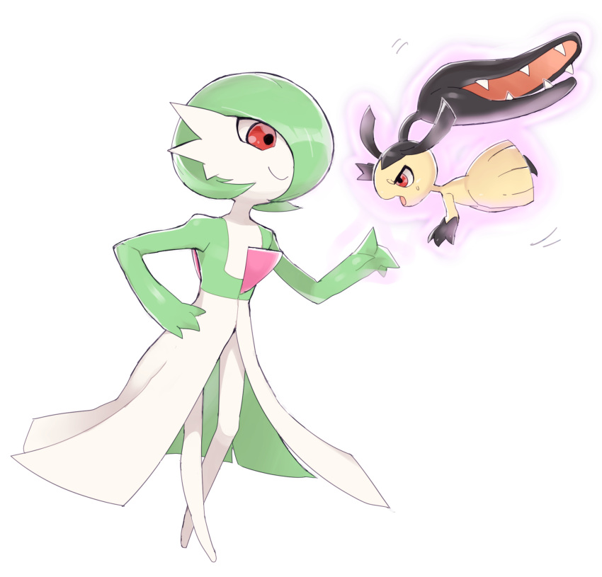 2girls angry arms_up bangs black_hair black_skin blunt_bangs bob_cut closed_mouth colored_skin commentary_request enden_(pixiv_57969220) extra_mouth eye_contact flat_chest floating from_side full_body gardevoir green_hair green_skin hair_over_one_eye hand_on_hip hand_up happy highres index_finger_raised long_hair looking_at_another mawile multicolored_skin multiple_girls open_mouth pokemon pokemon_(creature) purple_outline sharp_teeth shiny shiny_hair short_hair simple_background smile standing sweat teeth telekinesis two-tone_skin very_long_hair white_background white_skin yellow_skin