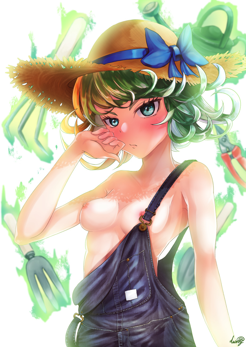 1girl absurdres bangs blush bow breasts curly_hair green_eyes green_hair hat hat_bow highres medium_breasts monty1024 naked_overalls nipples one-punch_man overalls short_hair solo straw_hat tatsumaki telekinesis white_background