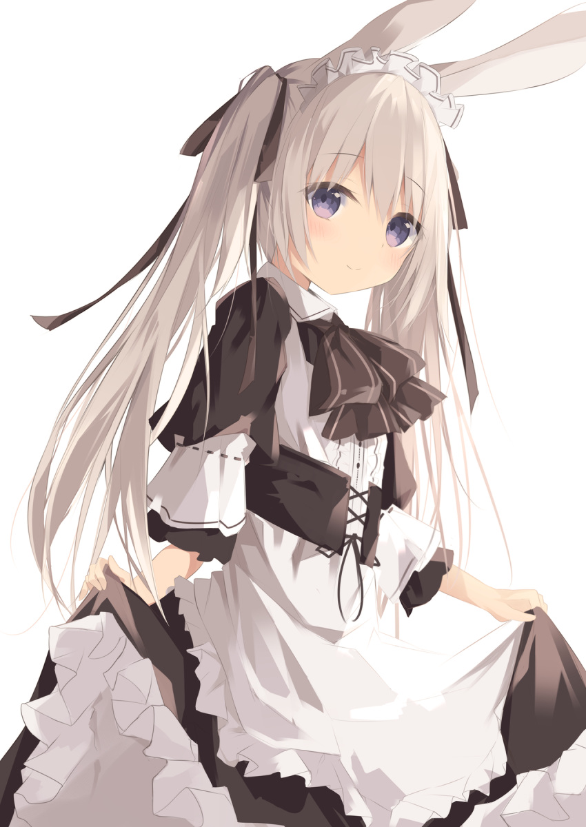 1girl animal_ears apron bangs black_bow black_dress blush bow closed_mouth commentary_request dress eyebrows_visible_through_hair frilled_apron frilled_dress frills hair_between_eyes highres kushida_you long_hair maid maid_headdress original puffy_short_sleeves puffy_sleeves purple_eyes rabbit_ears short_sleeves simple_background smile solo twintails very_long_hair waist_apron white_apron white_background