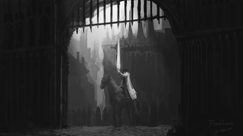 bloodborne castle cloak gate greyscale highres holding holding_sword holding_weapon horseback_riding long_coat ludwig_the_accursed monochrome moonlight_greatsword riding sword tripdancer two-handed_sword weapon