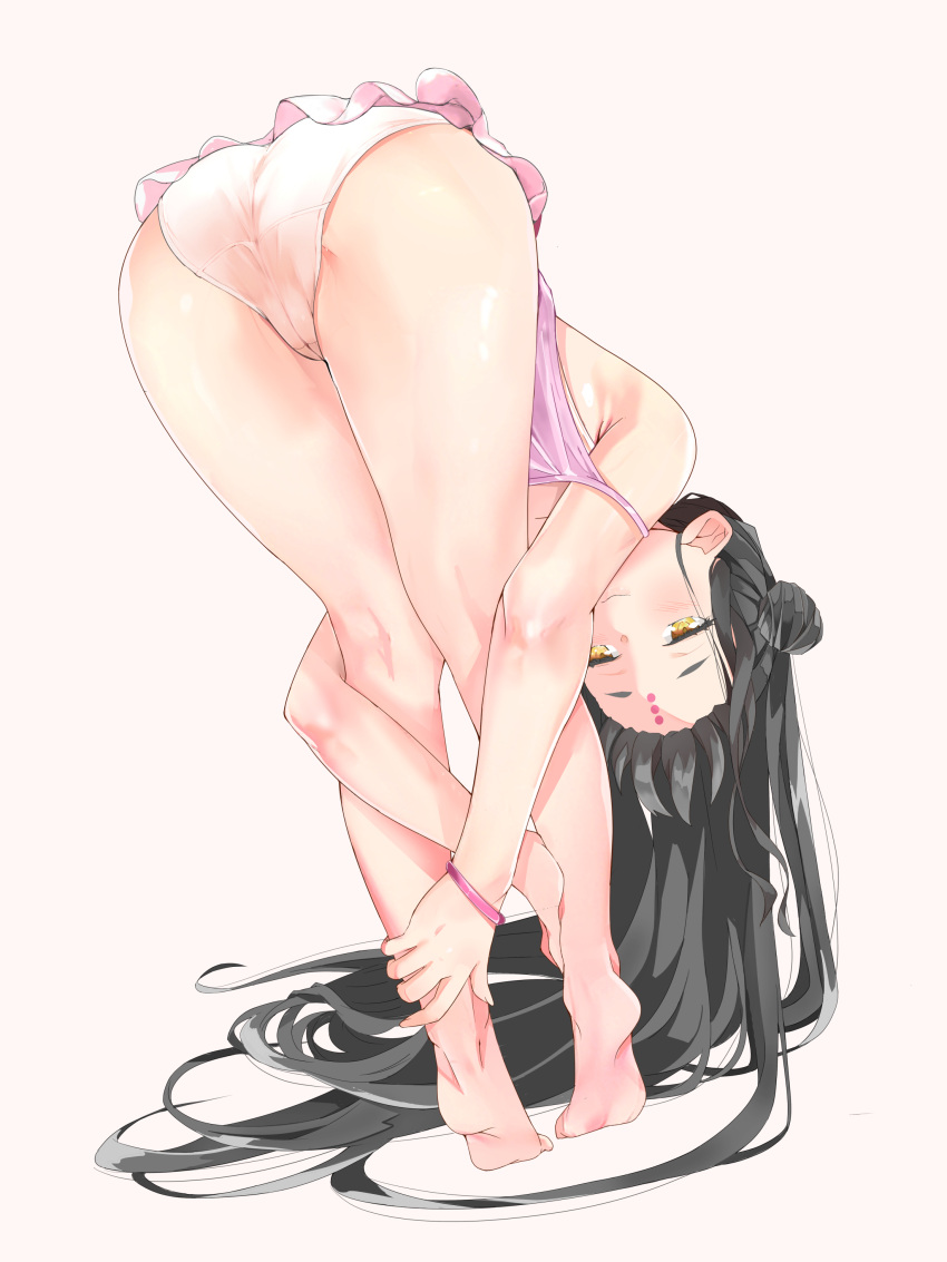 1girl absurdres ass barefoot bent_over black_hair blush bracelet cameltoe camisole denden_taiko double_bun facial_mark fate/grand_order fate_(series) feet forehead_mark from_behind full_body hair_bun highres jewelry kneepits legs long_hair naughty_face panties pink_background pink_camisole seductive_smile sesshouin_kiara sesshouin_kiara_(lily) simple_background smile soles solo strap_slip thighs tiptoes underwear very_long_hair white_panties yellow_eyes
