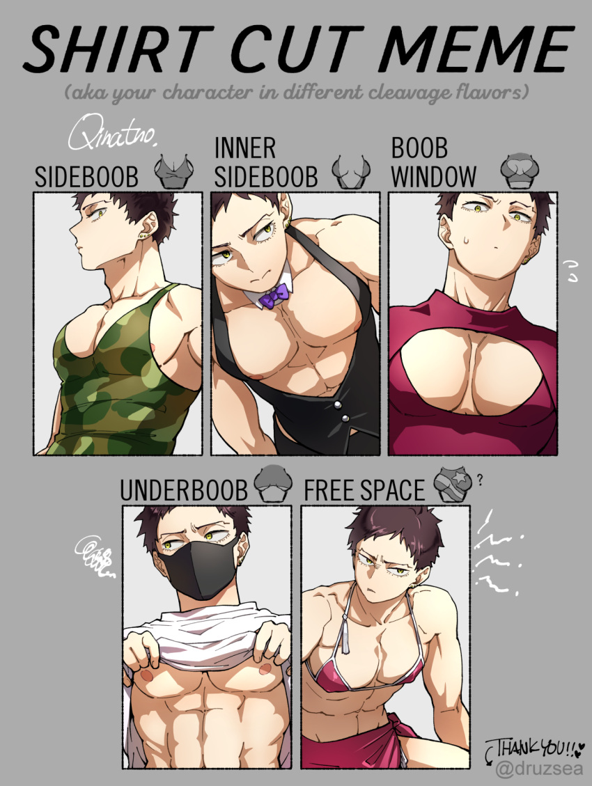 1boy areola_slip areolae artist_name bikini bikini_top boku_no_hero_academia bow bowtie brown_hair camouflage cleavage_cutout closed_mouth clothes_lift clothing_cutout commentary_request covered_nipples grey_background highres male_focus mask mature_male meme mouth_mask muscular overhaul_(boku_no_hero_academia) pectoral_cleavage pectoral_focus pectorals purple_bow purple_bowtie qina_(qinazuma_tno) self_exposure shirt_cut_(meme) shirt_lift short_hair sidepec solo swimsuit tank_top twitter_username waistcoat