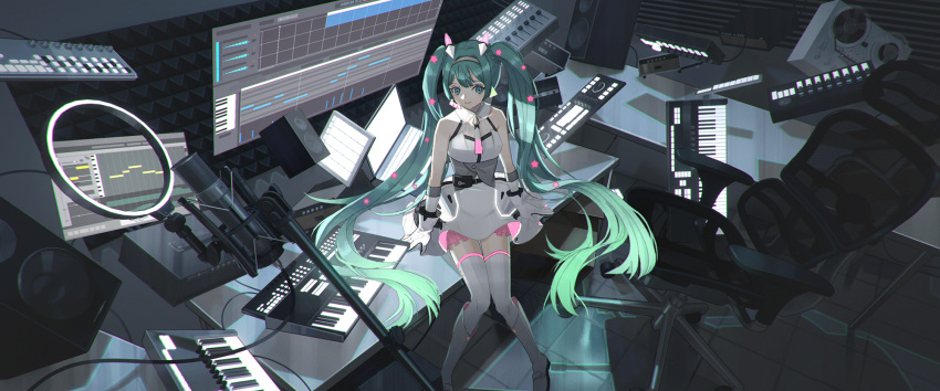 1girl bare_shoulders blue_hair boots braid cable chair collared_dress computer desk dress english_commentary floating floating_object galaxy_live_(vocaloid) gloves hairband hatsune_miku headgear highres holographic_monitor indoors instrument keyboard_(instrument) laptop long_hair microphone nakai_(nnnjpg) office_chair on_desk sitting sitting_on_desk sleeveless sleeveless_dress solo speaker star_(symbol) synthesizer tape_recorder thighhighs tile_floor tiles twintails very_long_hair vocaloid white_dress white_footwear white_gloves white_legwear