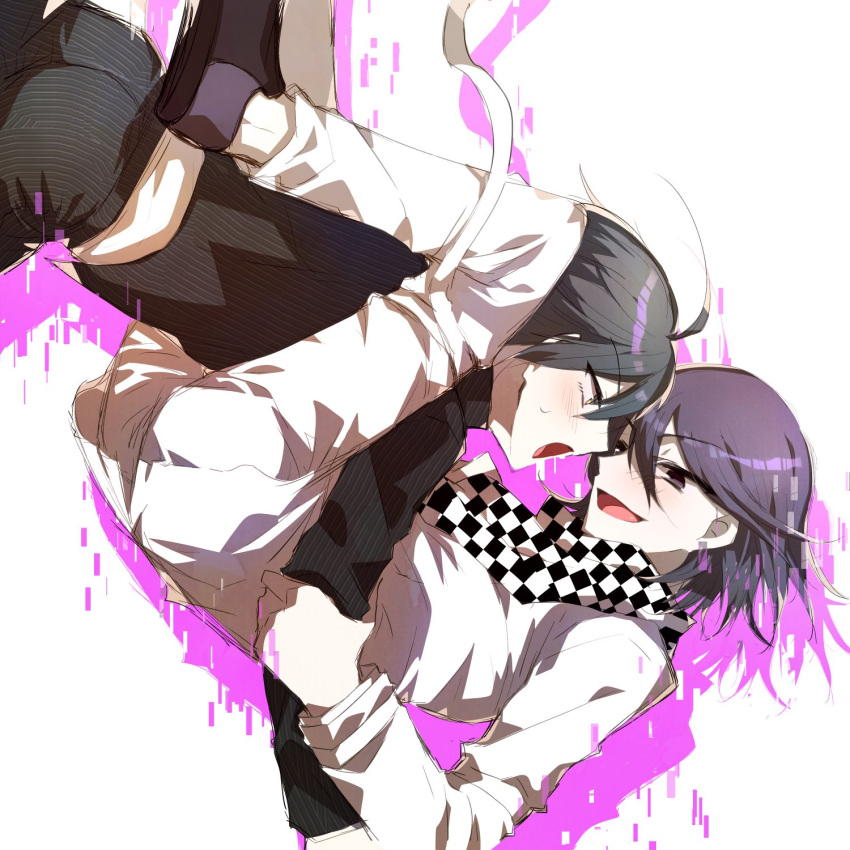 2boys :o ahoge bangs black_hair blush checkered checkered_neckwear checkered_scarf danganronpa_(series) danganronpa_v3:_killing_harmony eyebrows_visible_through_hair hair_between_eyes highres jacket long_sleeves looking_at_another male_focus multiple_boys open_mouth ouma_kokichi pants pink_background purple_hair saihara_shuuichi scarf shoes short_hair smile straitjacket striped striped_jacket striped_pants sumika_(rrz03) white_background white_pants yaoi