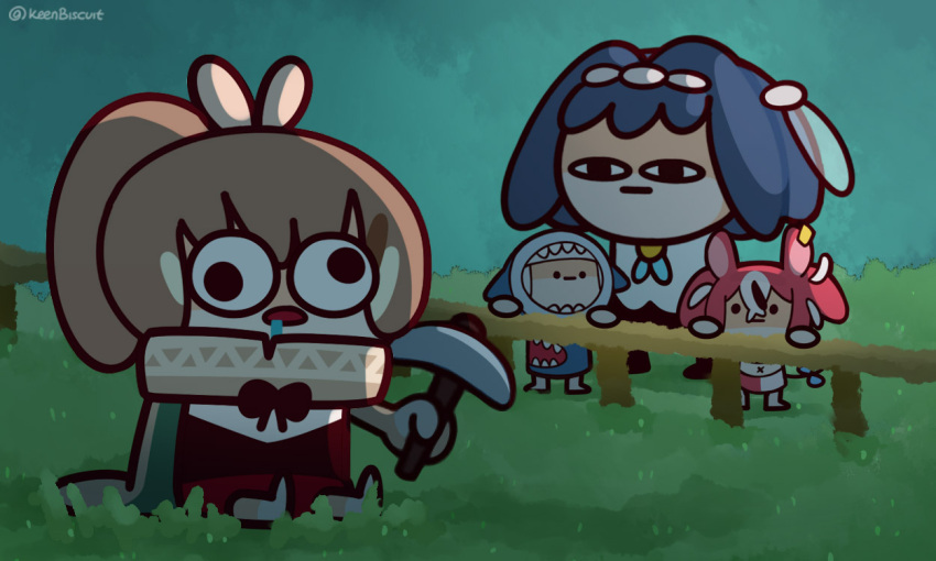 ._. 4girls :| animal_costume animal_ears animal_hood artist_name bangs barefoot black_bow blue_hair blue_hoodie blunt_bangs bow brown_hair cape chibi closed_mouth cloud cloudy_sky fence full_body gawr_gura grass hair_intakes hakos_baelz headband holding holding_pickaxe hololive hololive_english hood hoodie keenbiscuit looking_at_another minecraft mouse_ears mouse_girl mouse_tail multicolored_hair multiple_girls nanashi_mumei ouro_kronii outdoors pickaxe red_hair saliva shark_costume shark_girl shark_hood sky staring streaked_hair tail twitter_username virtual_youtuber wall-eyed white_hair