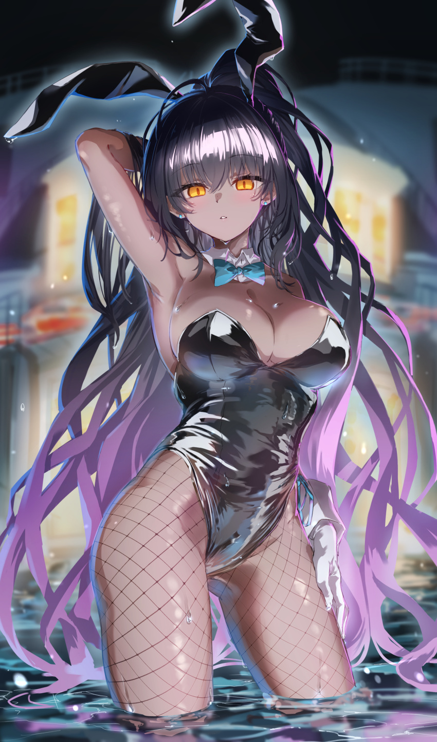 1girl absurdres animal_ears arm_up armpits bangs black_hair black_leotard blue_archive blurry blurry_background bow bowtie breasts cleavage dark-skinned_female dark_skin dentaku_music detached_collar eyebrows_visible_through_hair fake_animal_ears fishnet_legwear fishnets green_eyes highres karin_(blue_archive) leotard long_hair looking_at_viewer medium_breasts messy_hair parted_lips partially_submerged playboy_bunny rabbit_ears sidelocks sleeveless solo standing thighs water wrist_cuffs