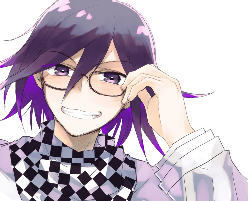 1boy bangs bespectacled checkered checkered_neckwear checkered_scarf colored_inner_hair danganronpa_(series) danganronpa_v3:_killing_harmony glasses grey_background grin hair_between_eyes hand_up highres male_focus multicolored_hair ouma_kokichi purple_eyes purple_hair scarf sharp_teeth shiny shiny_hair simple_background smile solo sumika_(rrz03) teeth