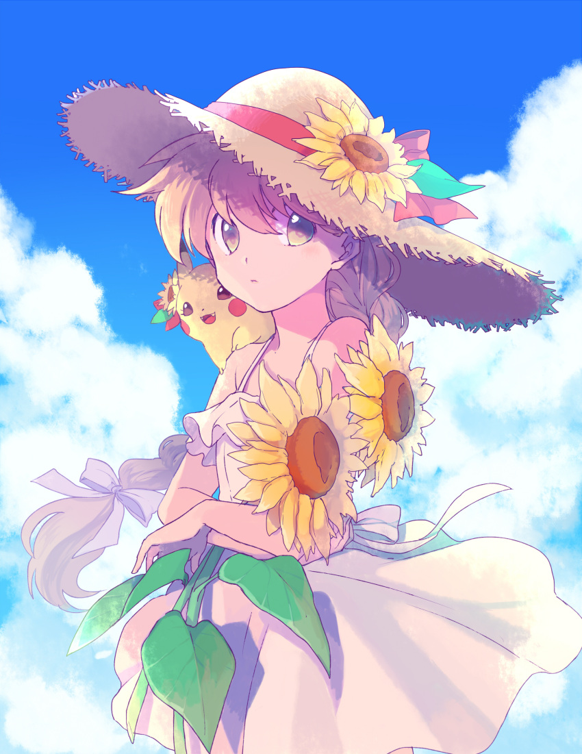 1girl absurdres bangs bare_shoulders blonde_hair bow closed_mouth cloud commentary_request day dress flower hair_bow hat hat_flower hat_ribbon highres holding holding_flower long_hair on_shoulder outdoors pikachu pokemon pokemon_(creature) pokemon_adventures pokemon_on_shoulder ponytail red_ribbon ribbon sky straw_hat white_dress yellow_(pokemon) yellow_flower yui_ko