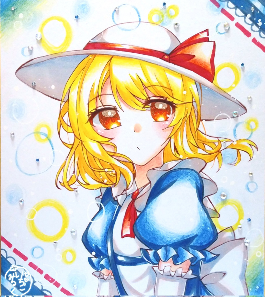 15inaba_eirin13 1girl ascot blonde_hair blue_dress bow dress elbow_gloves eyebrows_visible_through_hair eyelashes gloves hat hat_bow highres kana_anaberal looking_at_viewer orange_eyes puffy_short_sleeves puffy_sleeves red_ascot red_bow ribbon short_sleeves touhou touhou_(pc-98) traditional_media wavy_hair