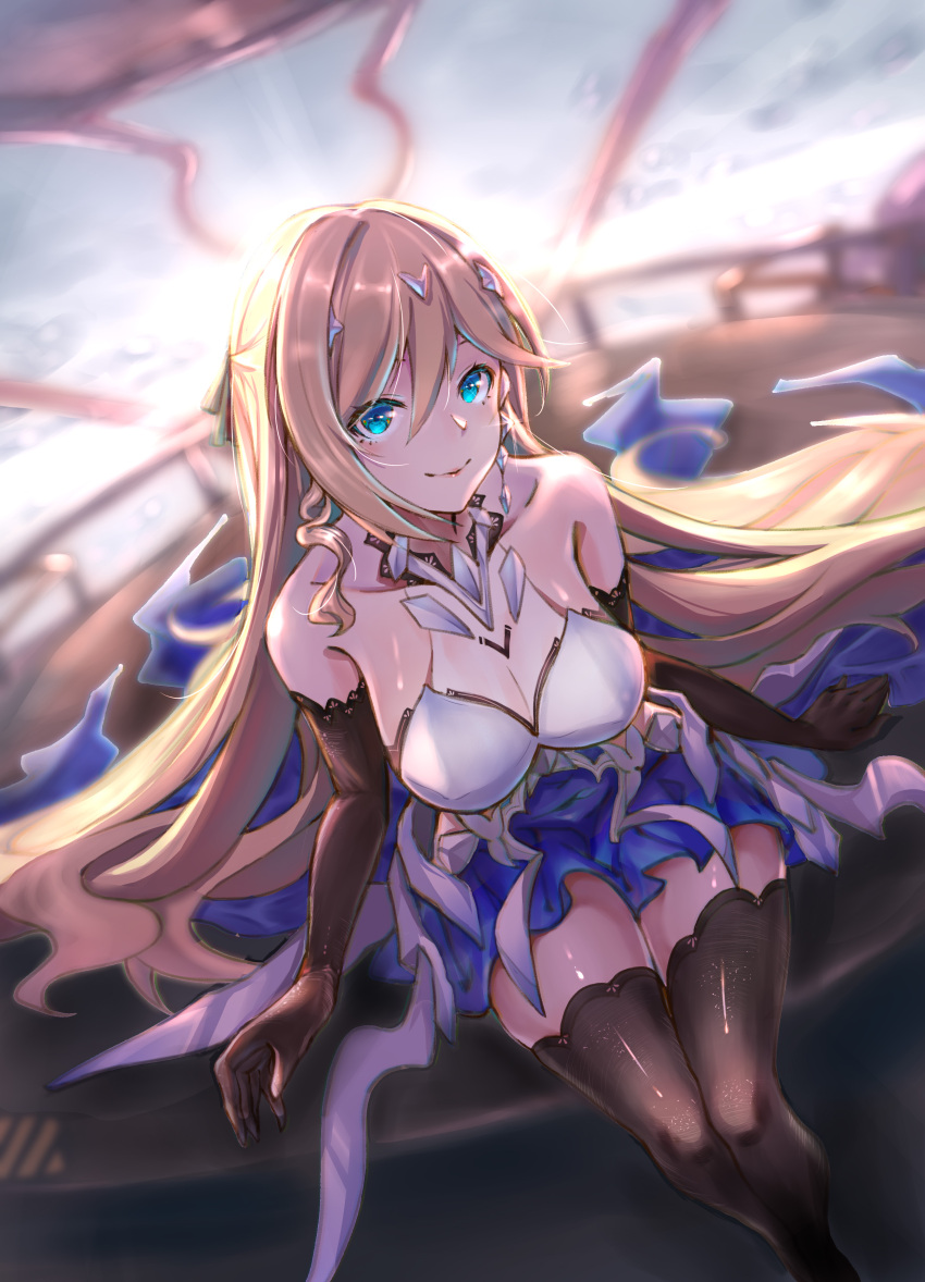 1girl absurdres armor armored_dress bianka_durandal_ataegina bianka_durandal_ataegina_(bright_knight:_excelsis) black_gloves black_legwear blonde_hair blue_eyes blue_sky breasts cleavage closed_mouth cloud cloudy_sky desk dress earrings elbow_gloves faaallen gloves highres honkai_(series) honkai_impact_3rd indoors jewelry long_hair looking_at_viewer on_desk sitting sitting_on_desk sky sleeveless sleeveless_dress smile solo sunrise thighhighs wavy_hair