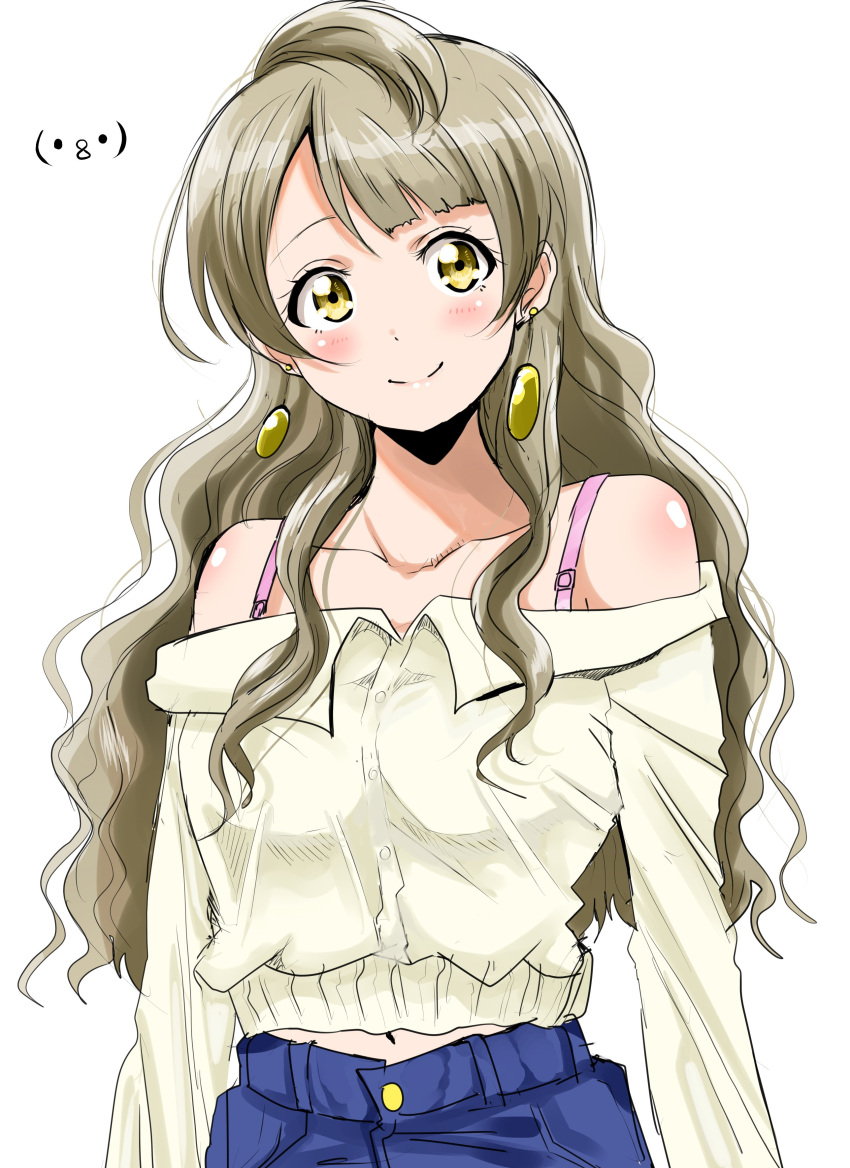 1girl absurdres arms_at_sides bangs blush bra bra_strap breasts cardigan closed_mouth earrings highres jewelry light_brown_hair long_hair long_sleeves looking_at_viewer love_live! love_live!_school_idol_project medium_breasts minami_kotori navel off-shoulder_sweater off_shoulder older one_side_up pink_bra shogo_(4274732) simple_background smile solo sweater underwear upper_body wavy_hair white_background white_cardigan yellow_eyes