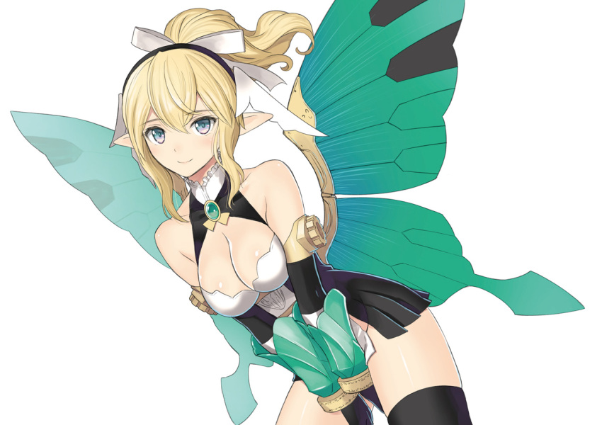 1girl bangs bare_shoulders blonde_hair blush bow breasts cleavage closed_mouth clothing_cutout commentary_request dress elbow_gloves eyebrows_visible_through_hair gloves hair_bow long_hair looking_at_viewer max_factory mechanical_wings medium_breasts original pointy_ears ponytail shiny shiny_hair shiny_skin short_dress sidelocks simple_background sleeveless smile solo thighhighs tied_hair tony_taka wings