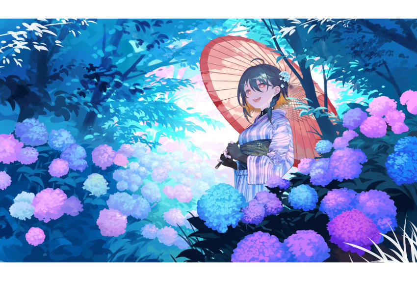 1girl ahoge bangs black_gloves blue_flower blue_nails braid breasts commentary commission flower gloves grey_hair hair_between_eyes hair_flower hair_ornament hatomugi_seika highres holding holding_umbrella japanese_clothes kimono leaf letterboxed looking_at_viewer looking_down medium_breasts mole mole_under_eye mole_under_mouth multicolored_hair obi oil-paper_umbrella open_mouth orange_hair original outdoors partially_fingerless_gloves pink_flower plant purple_flower sash scenery skeb_commission smile solo striped striped_kimono teeth two-tone_hair umbrella upper_body wide_shot