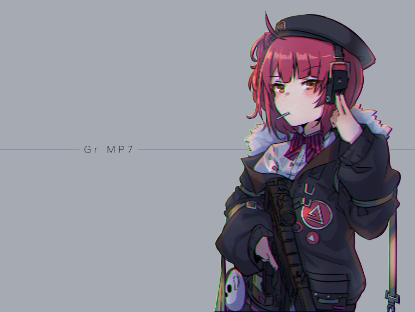 1girl bangs beret black_headwear black_jacket black_skirt blush brown_eyes candy character_name chromatic_aberration closed_mouth collared_shirt commentary_request diagonal-striped_bow dress_shirt ear_protection eyebrows_visible_through_hair food food_in_mouth fur-trimmed_jacket fur_trim girls'_frontline grey_background gun h&amp;k_mp7 hat highres holding holding_gun holding_weapon jacket kuro_kosyou lollipop long_sleeves mouth_hold mp7_(girls'_frontline) object_namesake off_shoulder one_side_up open_clothes open_jacket pleated_skirt puffy_long_sleeves puffy_sleeves red_hair shirt skirt sleeves_past_wrists solo submachine_gun upper_body weapon white_shirt