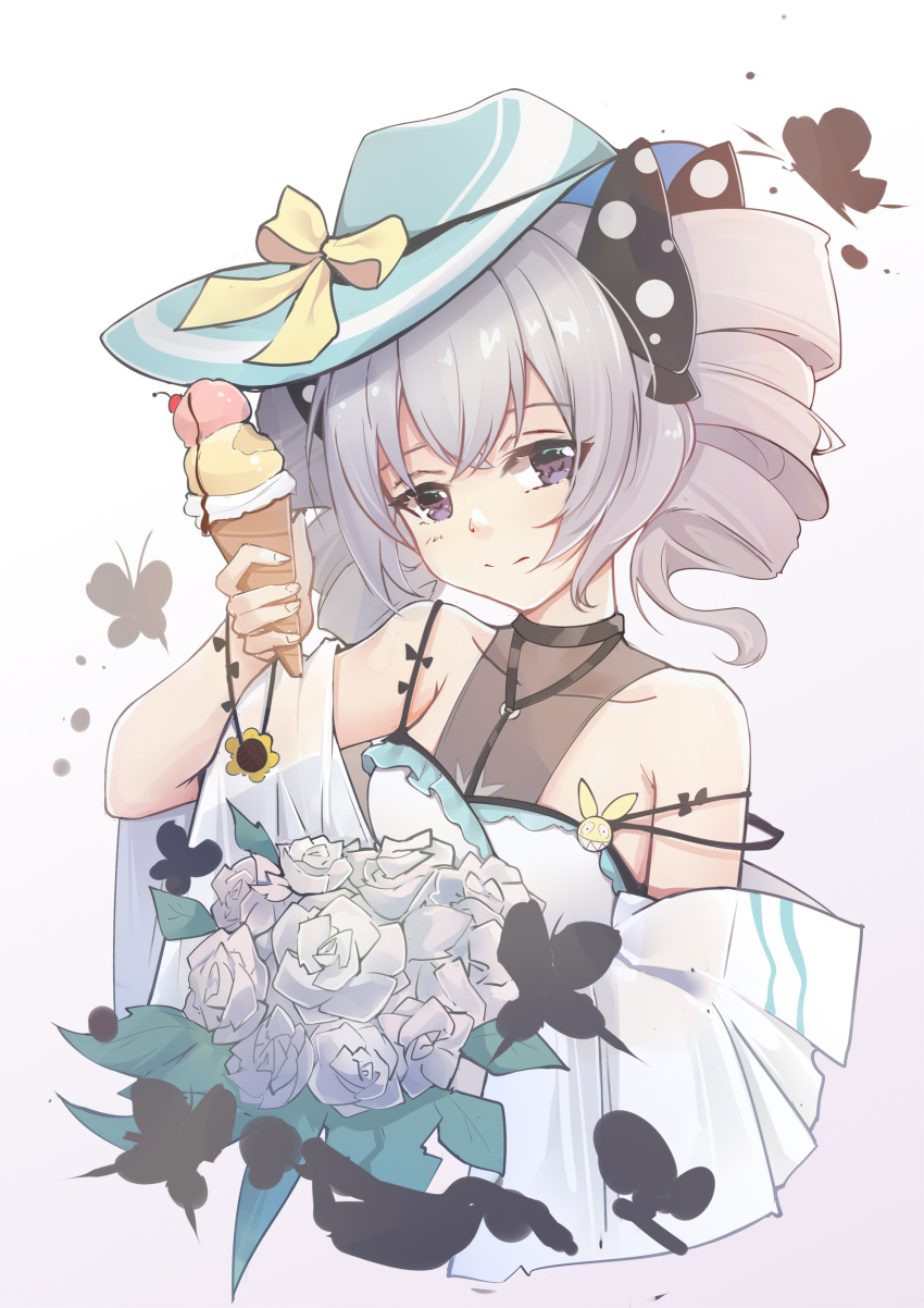 1girl absurdres bangs bare_shoulders black_butterfly blue_headwear bouquet bronya_zaychik bug butterfly cherry closed_mouth commentary dress drill_hair fingernails flower food fruit grey_eyes grey_hair hair_between_eyes hat highres holding holding_bouquet holding_food honkai_(series) honkai_impact_3rd ice_cream looking_at_viewer qingye_ling smile solo twin_drills white_background white_dress white_flower