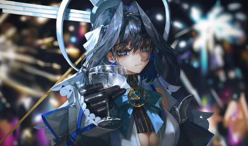 1girl black_gloves blue_cape blue_hair blue_ribbon breasts cape chain cleavage_cutout clothing_cutout detached_sleeves gloves hair_intakes halo headband heart-shaped_gem highres hololive hololive_english large_breasts mechanical_halo ouro_kronii parody quasarcake ribbon sailor_collar scene_reference shirt short_hair sleeveless sleeveless_shirt solo sweater the_great_gatsby turtleneck turtleneck_sweater underboob veil virtual_youtuber zipper