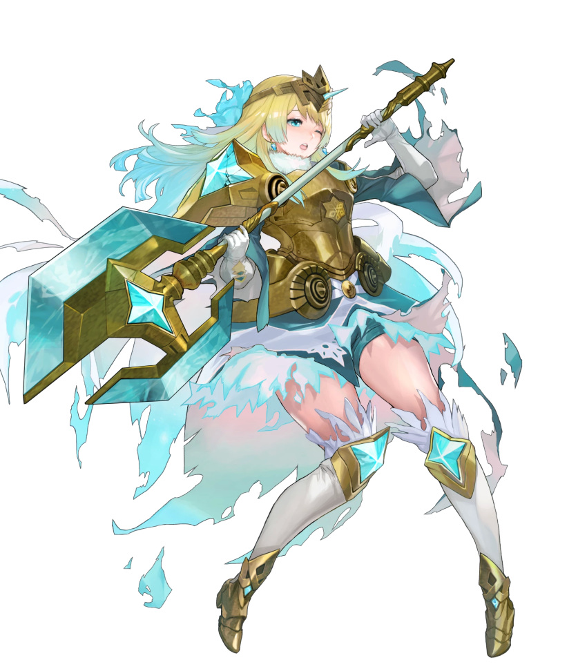 1girl armor armored_boots armored_dress axe bangs battle_axe blonde_hair blue_eyes blue_hair boots breastplate broken_armor cape dress earrings feather_trim fire_emblem fire_emblem_heroes fjorm_(fire_emblem) full_body fur_trim gloves gold_trim gradient gradient_clothes gradient_hair highres holding holding_weapon jewelry looking_away maeshima_shigeki medium_hair multicolored_hair official_art one_eye_closed open_mouth shoulder_armor solo thighhighs tiara torn_clothes transparent_background two-tone_hair weapon zettai_ryouiki