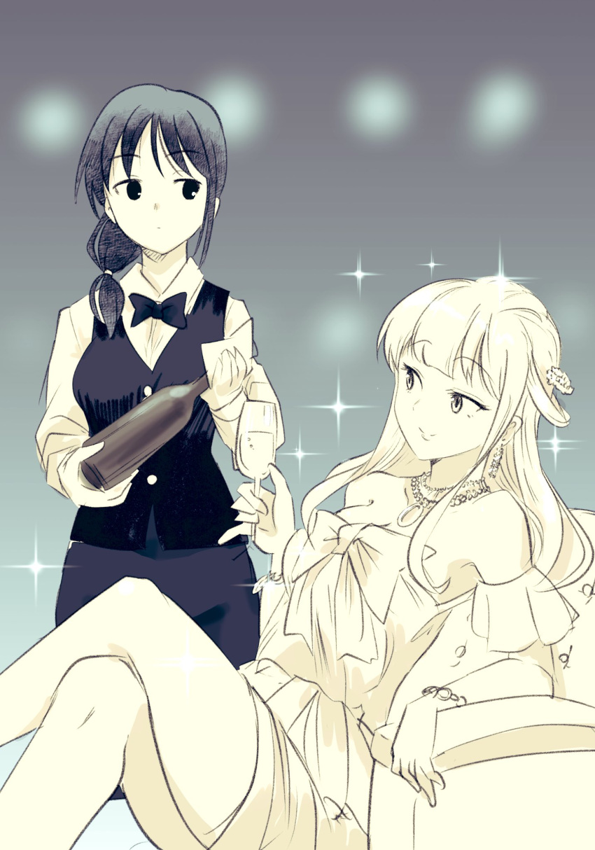 2girls alcohol alternate_costume alternate_hairstyle bangs bare_shoulders black_hair blonde_hair blunt_bangs bottle bow bowtie bracelet breasts champagne champagne_bottle cleavage closed_mouth commentary_request crossed_legs cup drinking_glass earrings eyebrows_visible_through_hair highres holding holding_bottle holding_cup jewelry katou_asuka long_hair looking_at_another motomiki multiple_girls necklace ponytail sitting smile sparkle standing tamura_yuri vest waistcoat waiter watashi_ga_motenai_no_wa_dou_kangaetemo_omaera_ga_warui! wine_glass