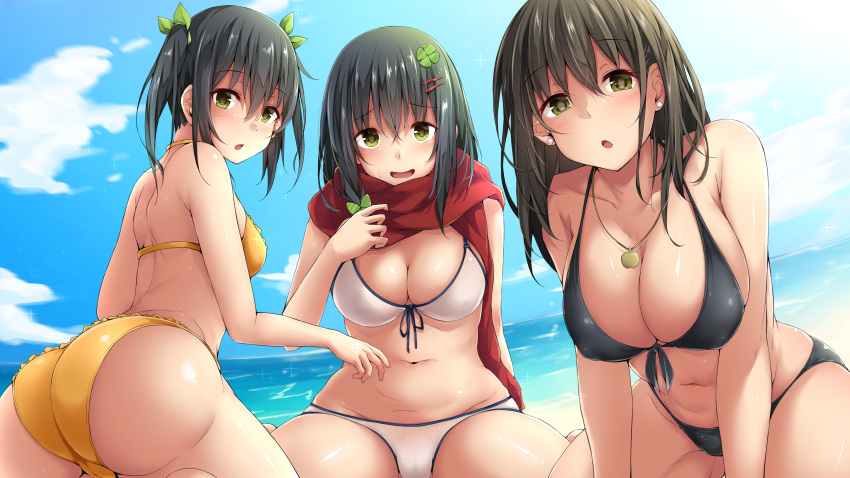 3girls absurdres ass beach bikini black_bikini black_hair blue_sky breasts cameltoe cleavage cloud clover clover_hair_ornament collarbone commentary_request cowboy_shot day earrings four-leaf_clover front-tie_top green_eyes hair_ornament highres hitoi horizon jewelry large_breasts long_hair looking_at_viewer mature_female mother_and_daughter multiple_girls natsume_konoha natsume_minori natsume_nae navel necklace ocean original outdoors red_scarf scarf short_hair siblings sisters sky swimsuit twintails white_bikini yellow_bikini