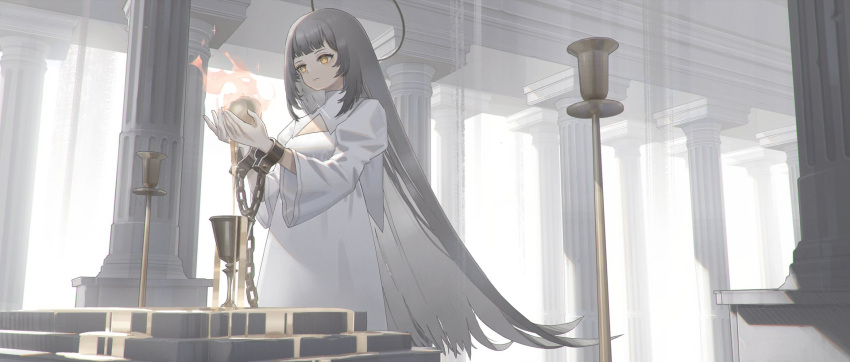1girl bangs breasts capelet chain chained chalice closed_mouth column commentary cowboy_shot cuffs cup dress dripping fire grey_hair halo handcuffs hands_up highres holding juliet_sleeves long_hair long_sleeves looking_away nakai_(nnnjpg) original pillar puffy_sleeves small_breasts solo sparkle sunlight symbol-only_commentary white_capelet white_dress wide_sleeves yellow_eyes