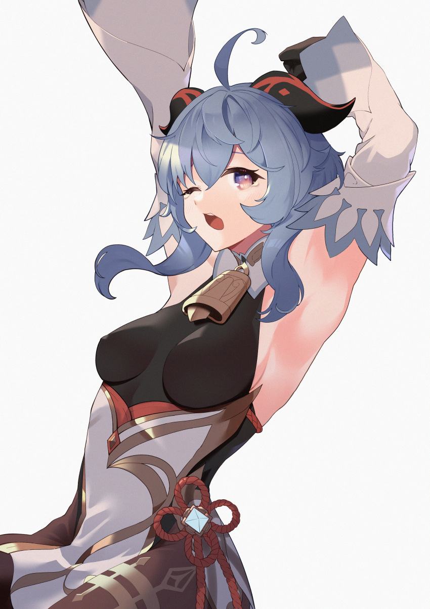 1girl ;o absurdres ahoge arm_over_head armpits arms_up bangs bell blue_hair breasts chinese_knot curled_horns detached_sleeves ganyu_(genshin_impact) genshin_impact gold_trim highres horns looking_at_viewer medium_breasts neck_bell one_eye_closed purple_eyes sansai_soba sidelocks sleepy solo stretch tassel tears thighlet vision_(genshin_impact) waking_up white_background white_sleeves yawning