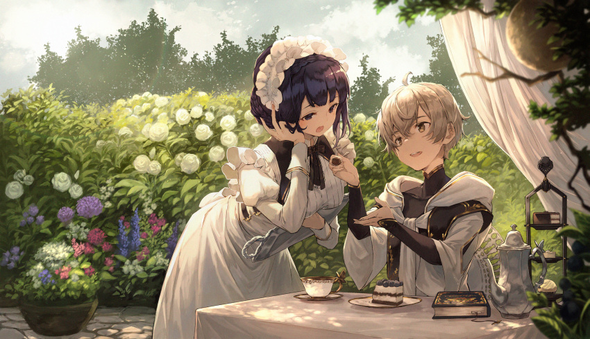 1boy 1girl ahoge bangs black_bow black_bowtie black_shirt blueberry blush book bow bowtie braid breasts brown_eyes cake cloud cloudy_sky collarbone commentary cowboy_shot crossed_bangs cup dappled_sunlight day dress english_commentary feeding flower food fork frills fruit gold_trim grey_hair hair_between_eyes hand_in_hair hand_up highres holding holding_fork holding_tray jug leaning_forward long_sleeves looking_at_another maid maid_headdress medium_breasts mito_itsuki open_mouth original outdoors plant potted_plant purple_eyes purple_hair saucer shirt short_hair sitting sky standing sunlight table teacup tray tree upper_body white_dress white_robe