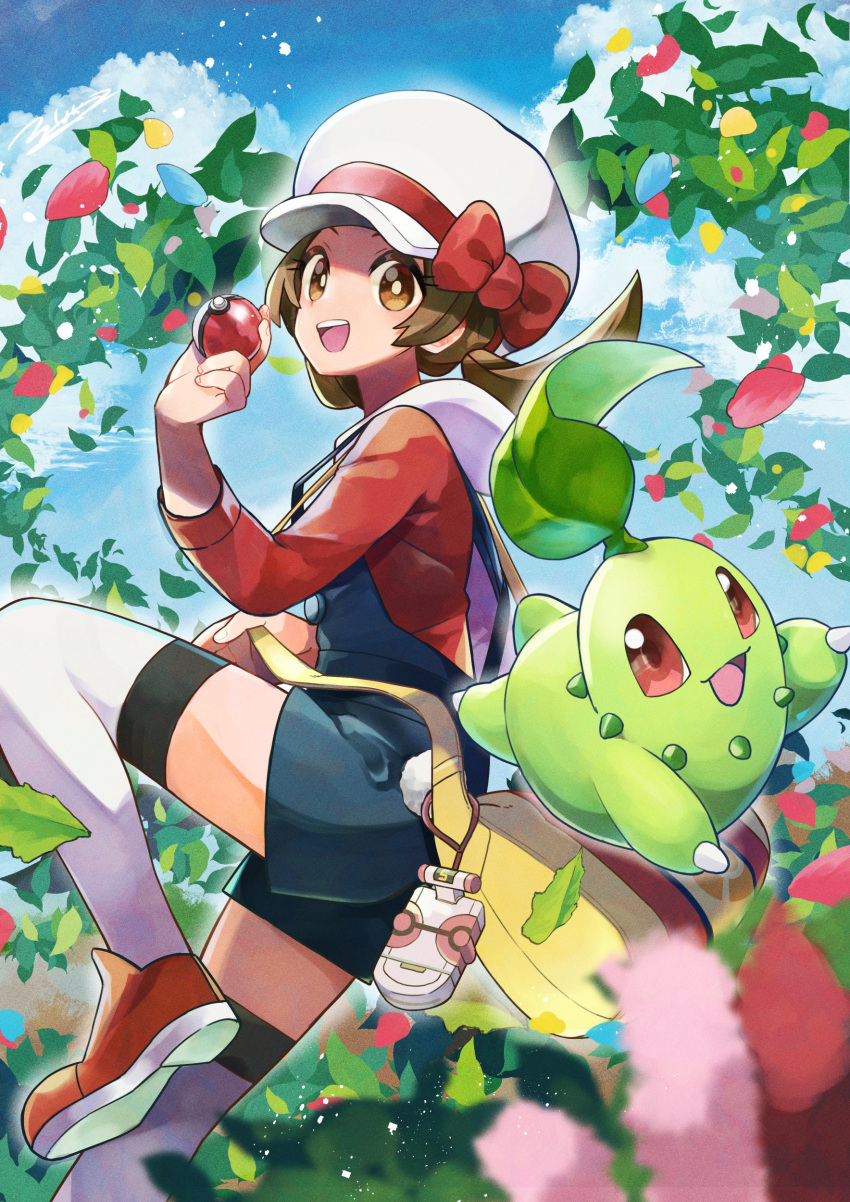 1girl :d absurdres bow brown_eyes brown_hair cabbie_hat chikorita cloud commentary_request day hand_up hat hat_bow highres holding holding_poke_ball leaf leaves_in_wind leg_up long_hair lyra_(pokemon) open_mouth outdoors poke_ball poke_ball_(basic) pokegear pokemon pokemon_(creature) pokemon_(game) pokemon_hgss rainys_bill red_bow red_footwear red_shirt shirt shoes sky smile teeth thighhighs tongue twintails upper_teeth white_headwear white_legwear yellow_bag