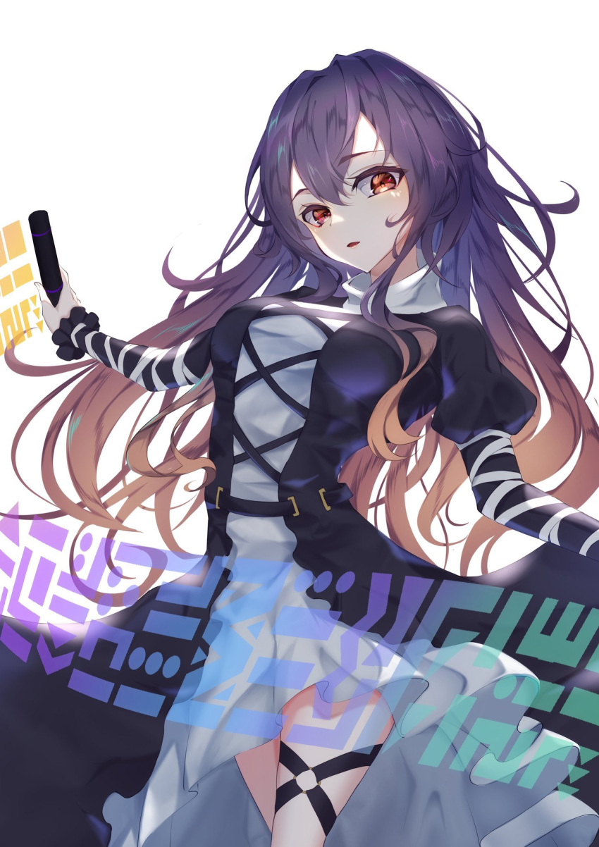 1girl bangs black_dress cross-laced_clothes dress eyebrows_visible_through_hair gradient_hair highres hijiri_byakuren holding holding_scroll juliet_sleeves layered_dress long_hair long_sleeves looking_at_viewer multicolored_hair open_mouth puffy_sleeves purple_hair red_eyes scroll simple_background solo sorcerer's_sutra_scroll standing touhou turtleneck_dress white_background white_dress yamanakaume