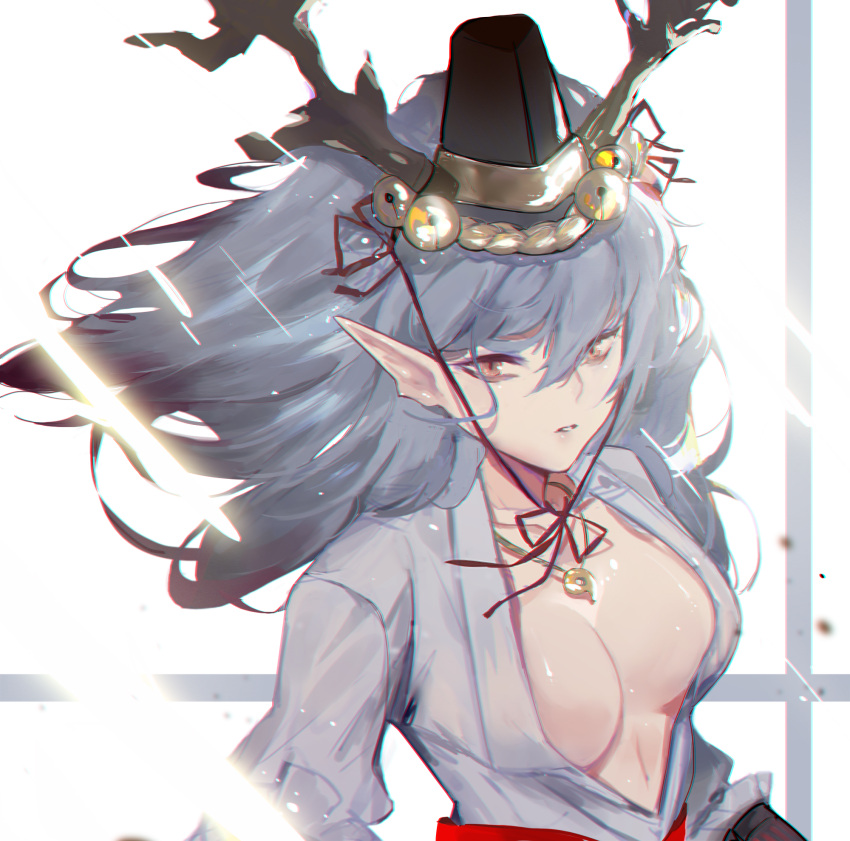 1girl bangs black_headwear blue_sky breasts brown_hair chin_strap chinese_commentary chromatic_aberration cleavage commentary_request hat highres horn_bell horns jewelry long_hair looking_at_viewer medium_breasts necklace onmyoji open_clothes open_shirt papa_(839171447) photoshop_(medium) pointy_ears shirt sky solo suzuka_gozen_(onmyoji) upper_body white_background white_shirt