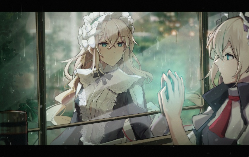 1girl absurdres blonde_hair blue_eyes bow bowtie changpan_hutao g36_(girls'_frontline) girls'_frontline girls'_frontline_neural_cloud highres long_hair maid maid_headdress necktie rain reflection short_hair touching tree water_drop window younger