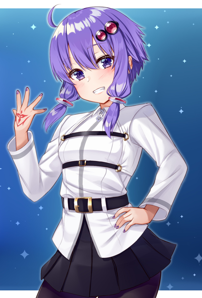 1girl :d ahoge bangs belt belt_buckle black_legwear black_skirt blue_background blush buckle command_spell cosplay eyebrows_visible_through_hair fate/grand_order fate_(series) fujimaru_ritsuka_(female) fujimaru_ritsuka_(female)_(cosplay) gradient gradient_background grin hair_ornament hand_on_hip highres jacket long_sleeves miniskirt nail_polish open_mouth pantyhose pleated_skirt purple_eyes purple_hair purple_nails short_hair_with_long_locks sidelocks skirt smile solo sparkle teeth tenneko_yuuri vocaloid voiceroid white_jacket yuzuki_yukari