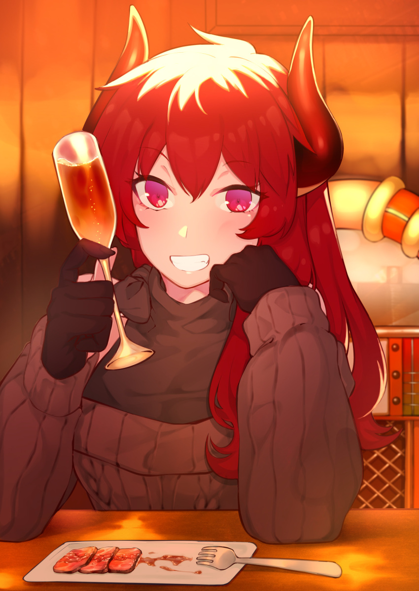 1girl absurdres alcohol bangs black_gloves black_shirt brown_sweater champagne champagne_flute commentary_request cup dola_(nijisanji) dragon_girl dragon_horns drinking_glass elbow_rest eyebrows_visible_through_hair food fork gloves grin hair_between_eyes hand_on_own_cheek hand_on_own_face hati105 head_rest highres holding holding_cup horns indoors jukebox long_hair looking_at_viewer meat nijisanji plate purple_eyes red_hair shirt smile solo sweater table virtual_youtuber